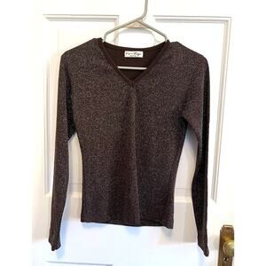 Vintage On Ligo Brown Metallic V Neck Long Sleeve Top Sparkle NYE Women's S